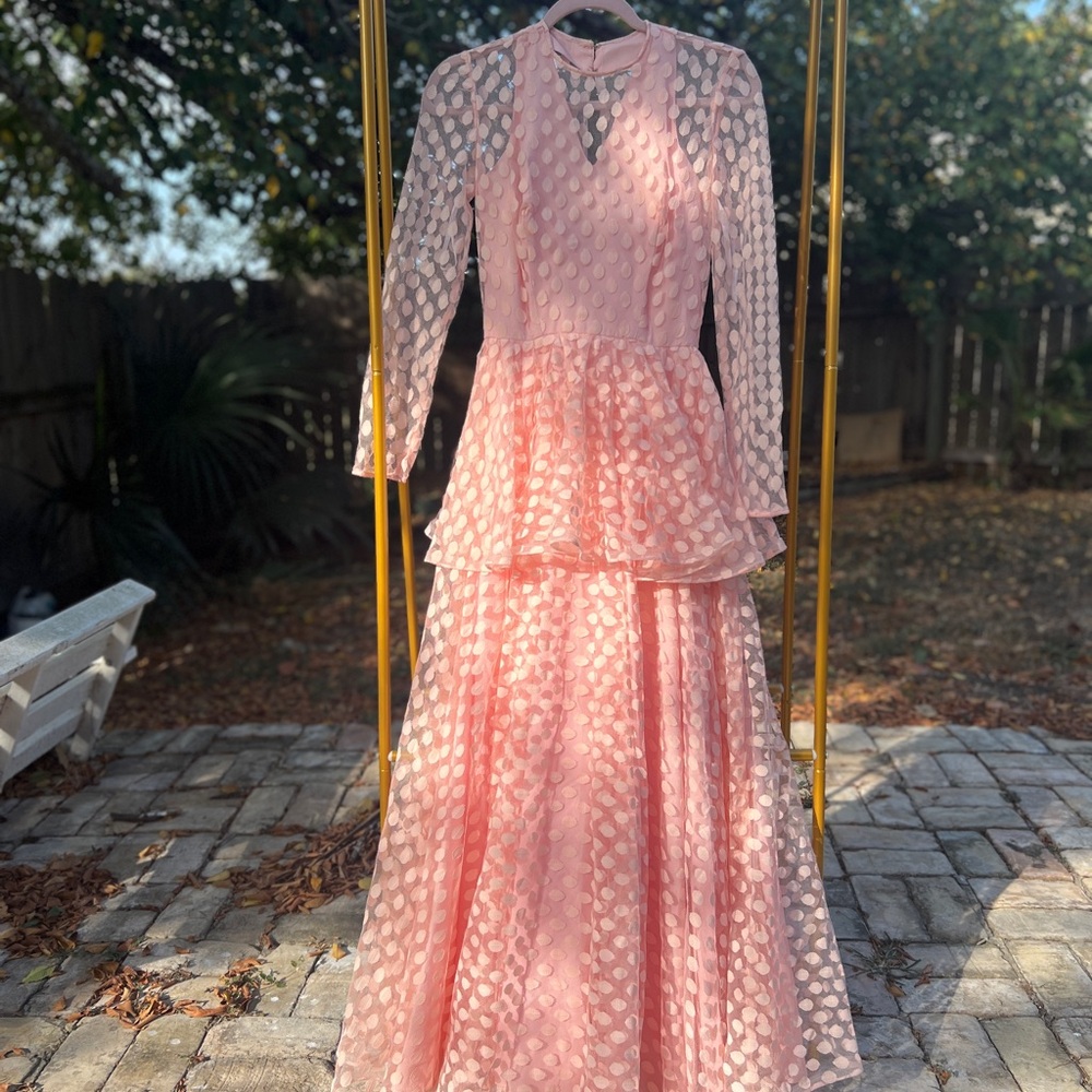 Romantic Vintage Pink Polka Dot Mesh Maxi Dress with Peplum Waist